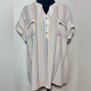 Flower & Feather, Striped Pullover Short Sleeve Top Gold Zippers on Pockets 1XL